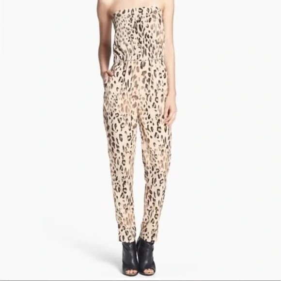 WAYF Beige Cheetah Print Straight Leg Strapless Jumpsuit XS - Picture 1 of 5